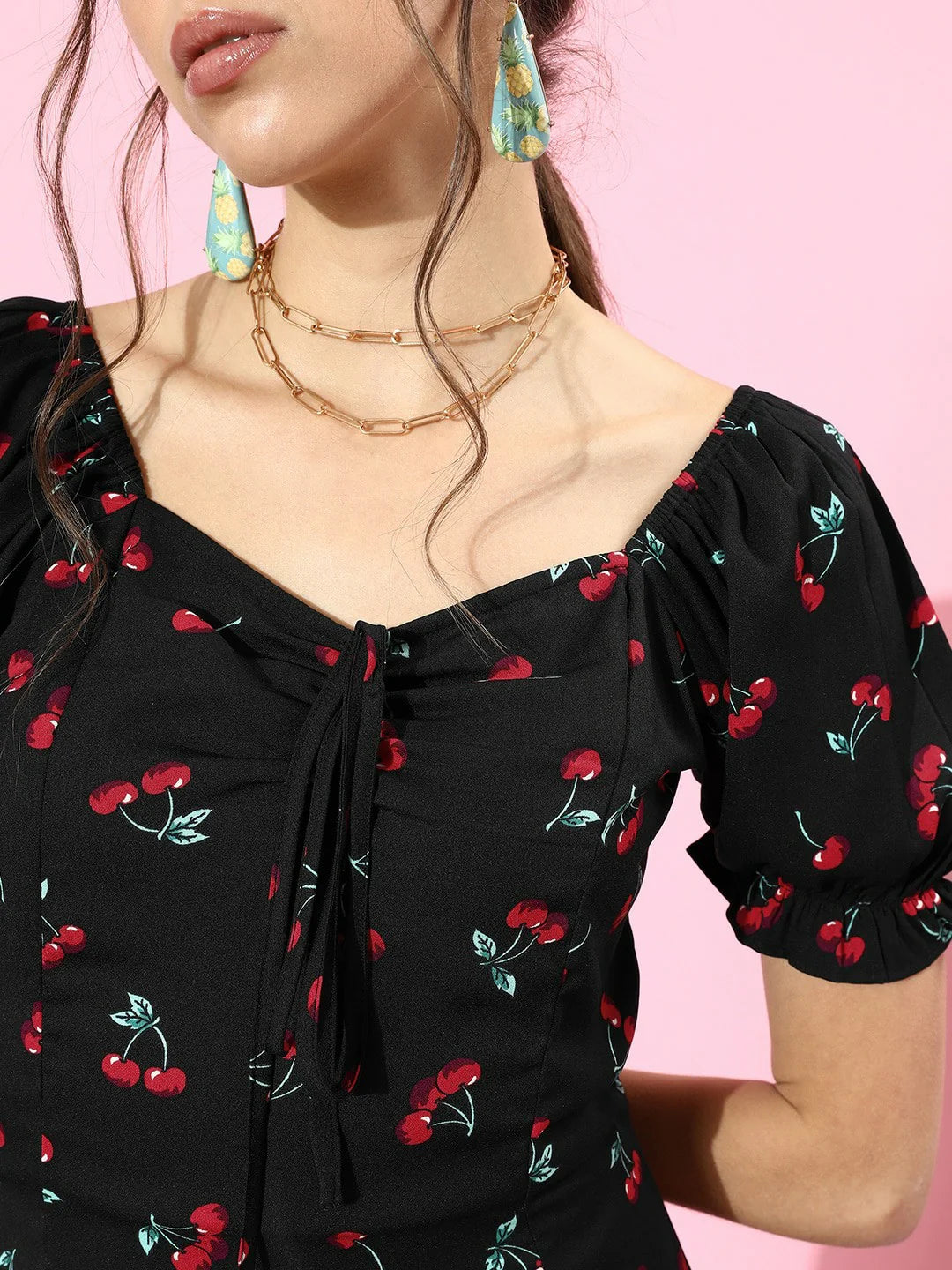 Black & Red Cherry Printed Sweetheart Neck Crepe Ruffled A-Line Midi Dress