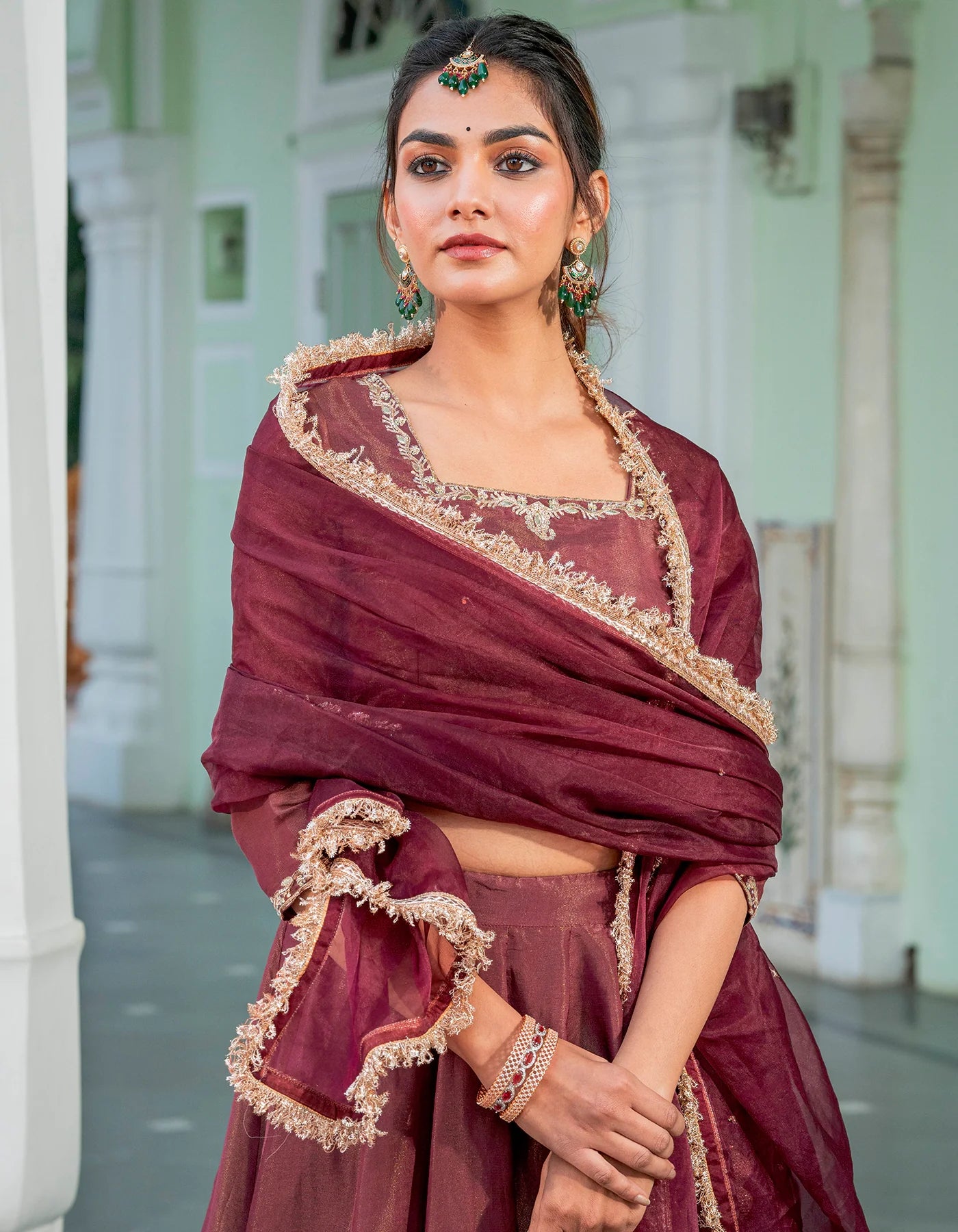 Premium Wine Tissue Lehenga Set with Kalidaar Design