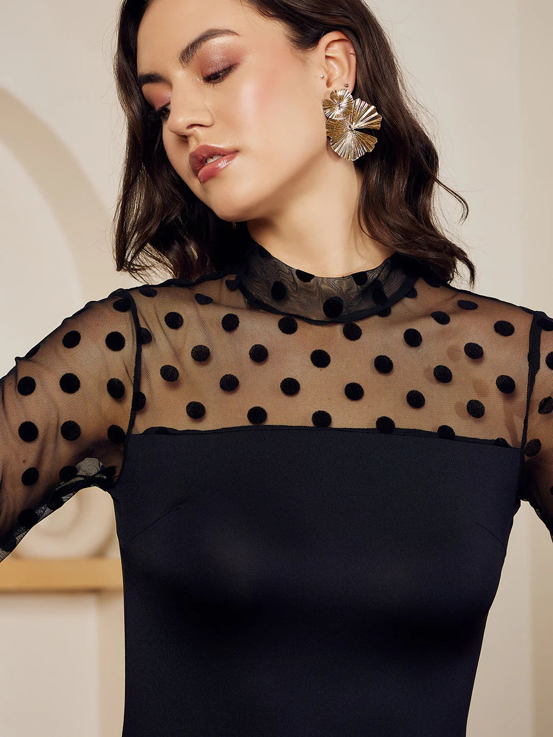 Women Solid Black High Neck Keyhole Back Polka Dot Sheer Straight Hem Knitted Bodycon Mini Dress
