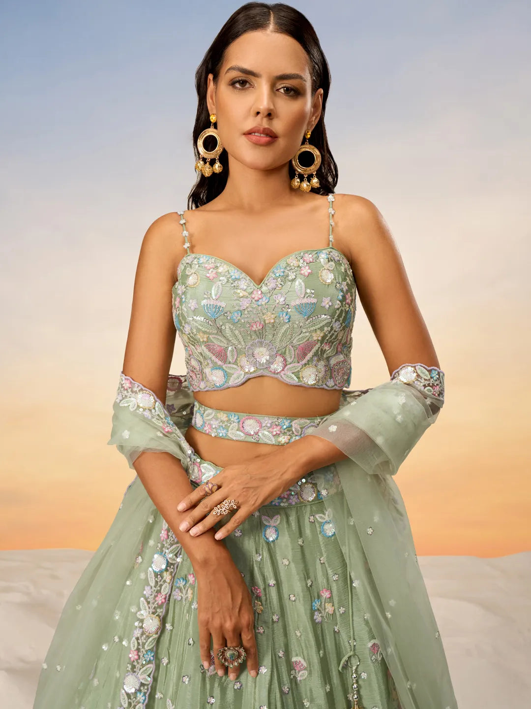 Designer Chiffon Lehenga in Green with Intricate Embroidery