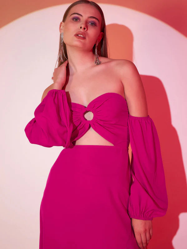 Women Solid Pink Off-Shoulder Neck Puff Sleeves Cut-Out Asymmetrical Hem A-Line Midi Dress