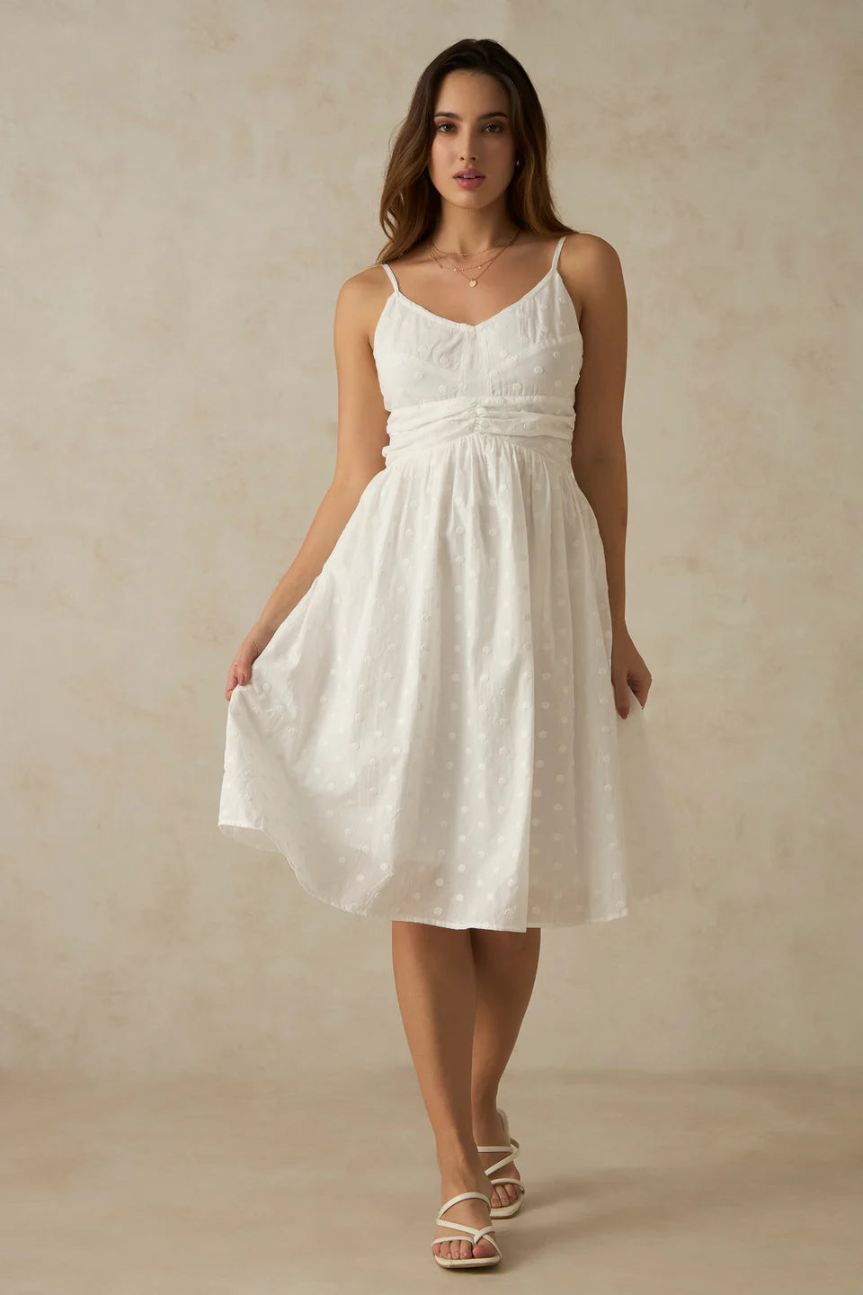 Relaxed Fit White Cotton Midi Dress with Ruched V-Neck for Casual Style