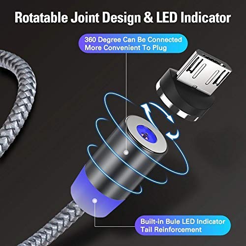 Magnetic Fast Charging Cable 3 in 1 with 360 Degree Swivel Head Status Light and Type C Micro USB Lightning Connectors