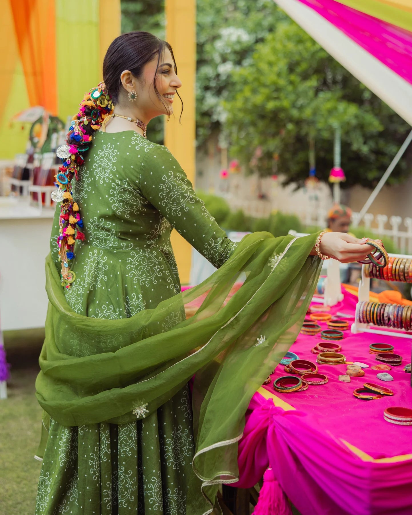 Katha Green Bandhani Chanderi Suit Set with Handcrafted Design for Ethnic Celebrations