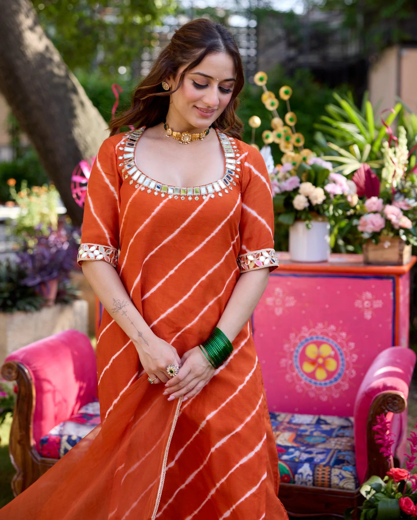 Stylish Raksha Orange Leheriya Cotton Kurta Set with Matching Bottom and Dupatta