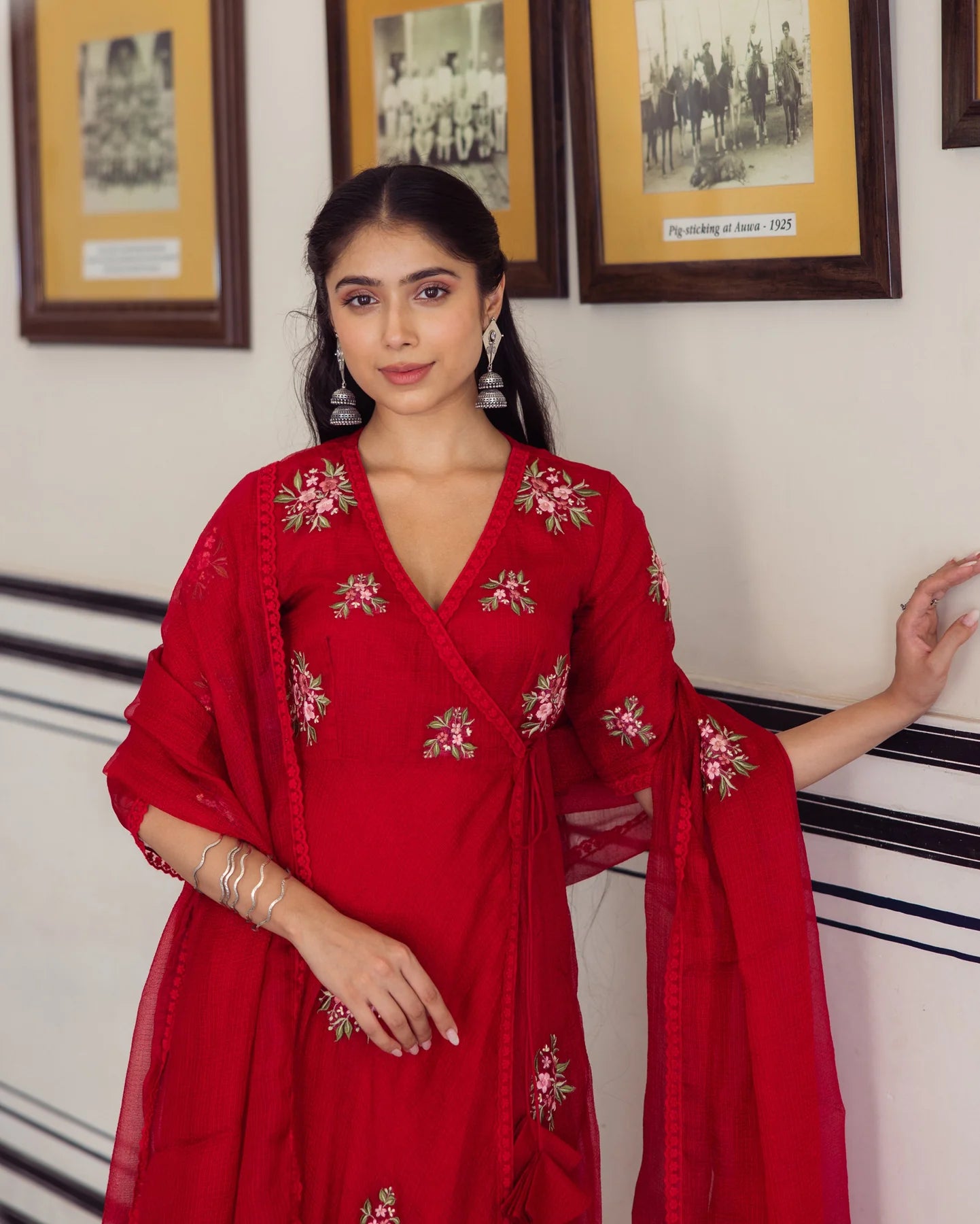 Sophisticated Ruby Red Embroidered Doria Suit Set for Women’s Festive and Wedding Wardrobe