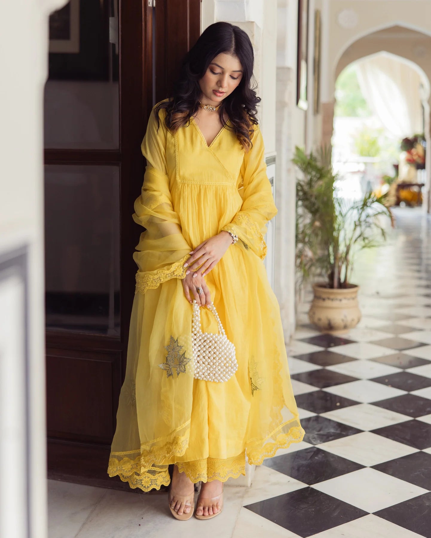 Designer Sakshi Yellow Embroidered Chanderi Anarkali Suit Set with Intricate Detailing