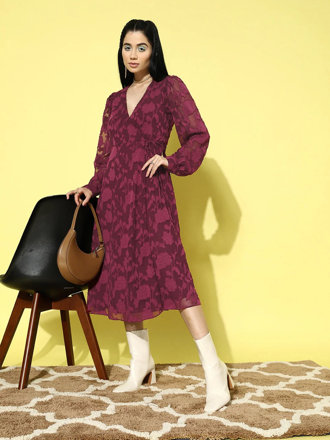Maroon Floral Pattern V-Neck Bishop Sleeves Jacquard Layered Wrap Midi Dress