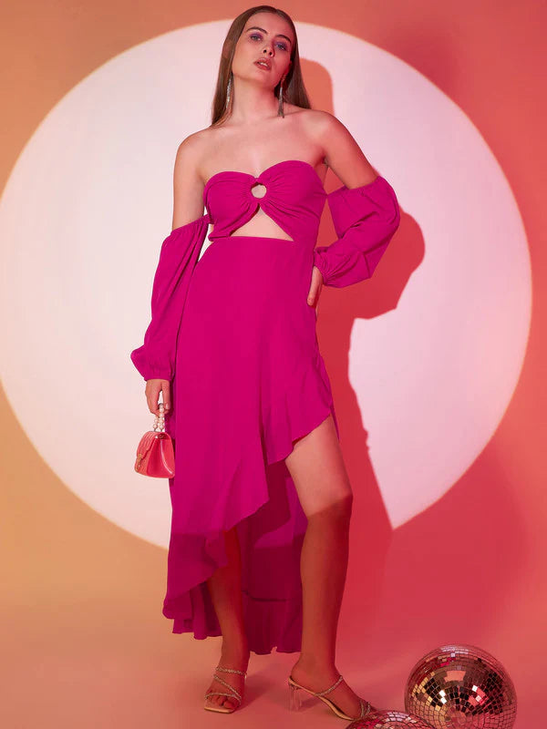 Women Solid Pink Off-Shoulder Neck Puff Sleeves Cut-Out Asymmetrical Hem A-Line Midi Dress