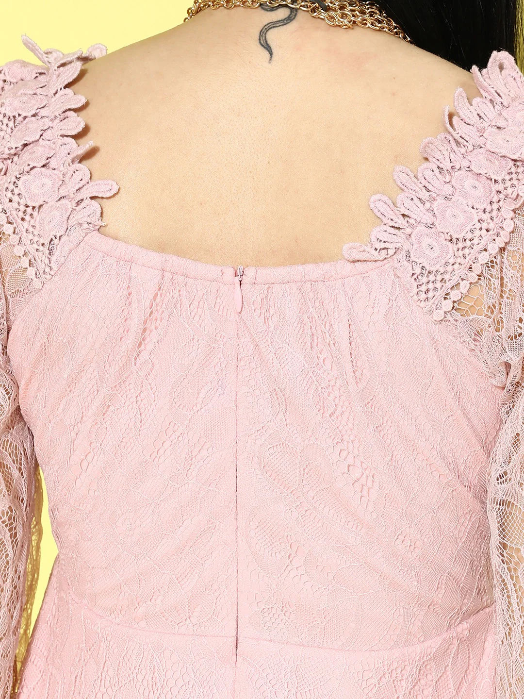 Women Pink Floral Pattern V-Neck Bishop Sleeves Lace-up Ruffled A-Line Mini Dress