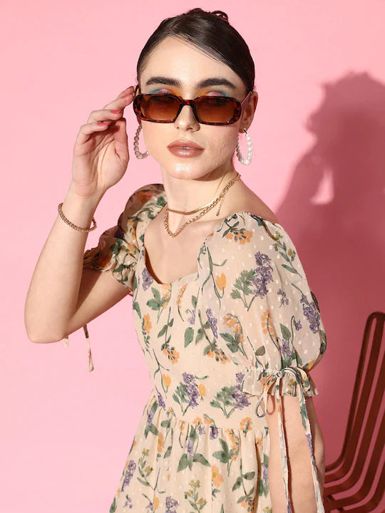 Beige & Multicoloured Floral Printed Sweetheart Neck Tie-Up Georgette Fit & Flare Mini Dress