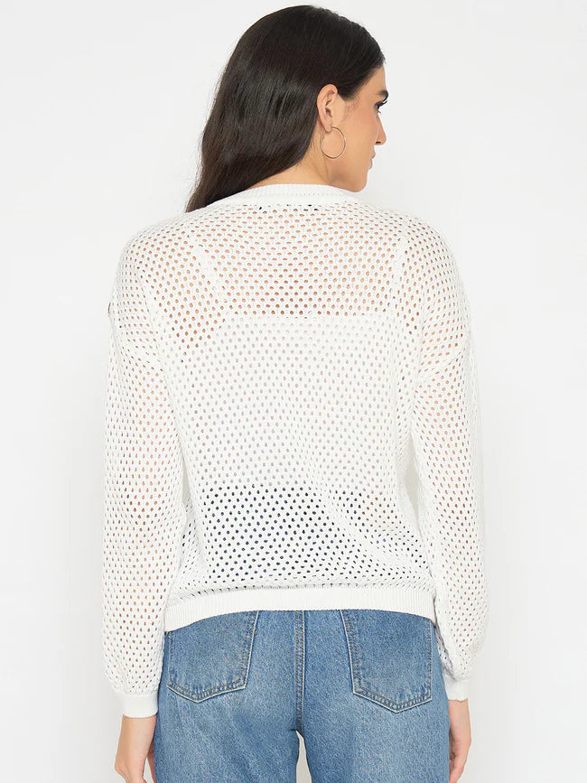Women’s Semi Sheer Off White Embroidered Knitted Top Trendy Everyday Style
