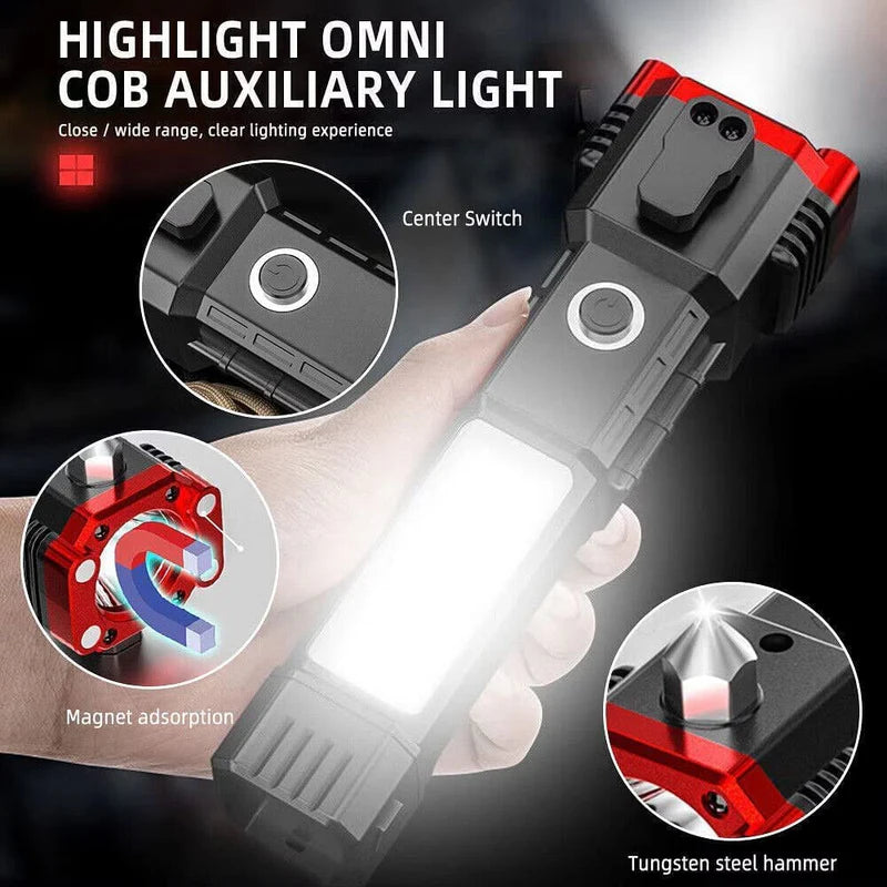 LED Magnetic Emergency Torch Rechargeable with COB Light Window Breaker and Seat Belt Cutter for Camping Car Safety and Outdoor Activities