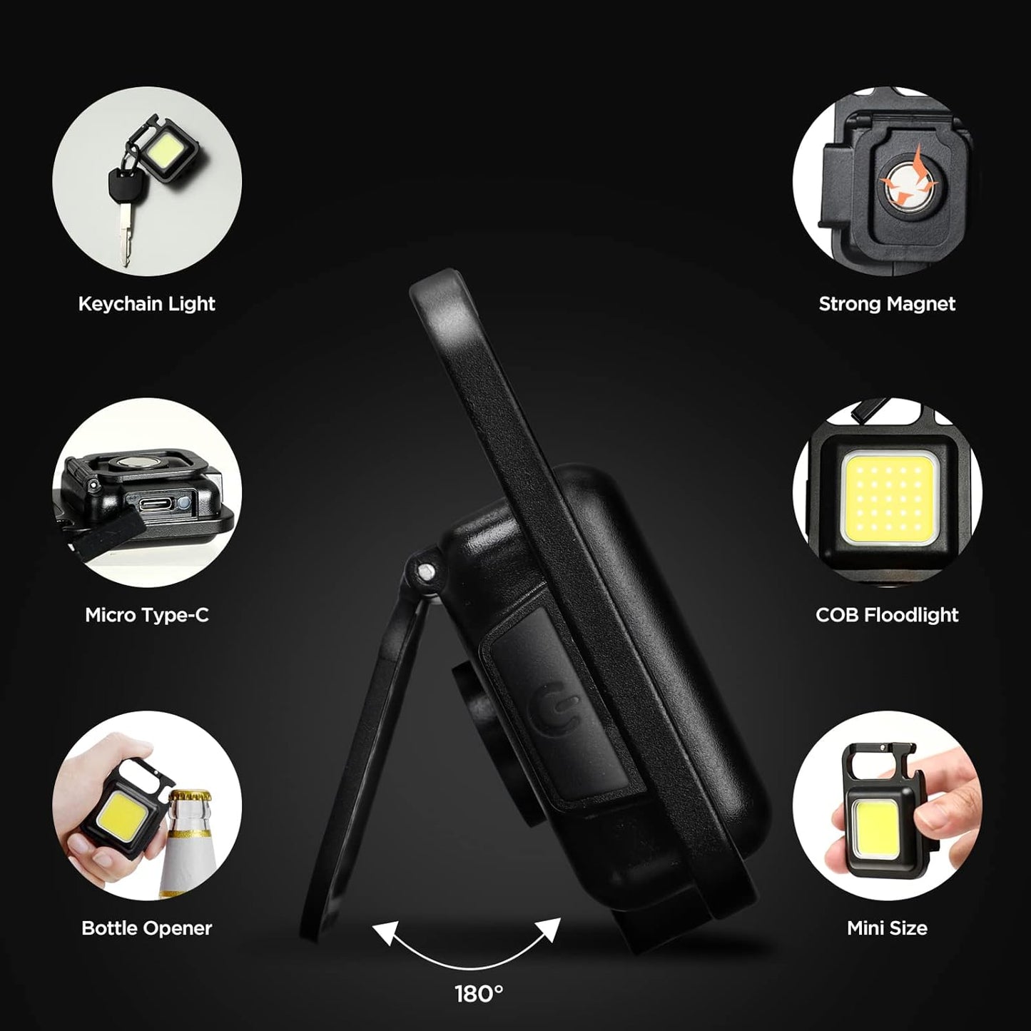 Portable LED Mini COB Keychain Magnetic Flashlight USB Rechargeable Light Three Modes Folding Bracket for Walking Camping Black 1000 Lumen