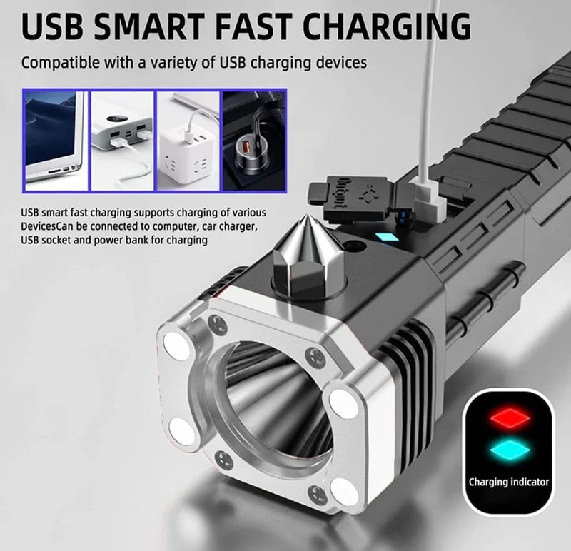 LED Magnetic Emergency Torch Rechargeable with COB Light Window Breaker and Seat Belt Cutter for Camping Car Safety and Outdoor Activities
