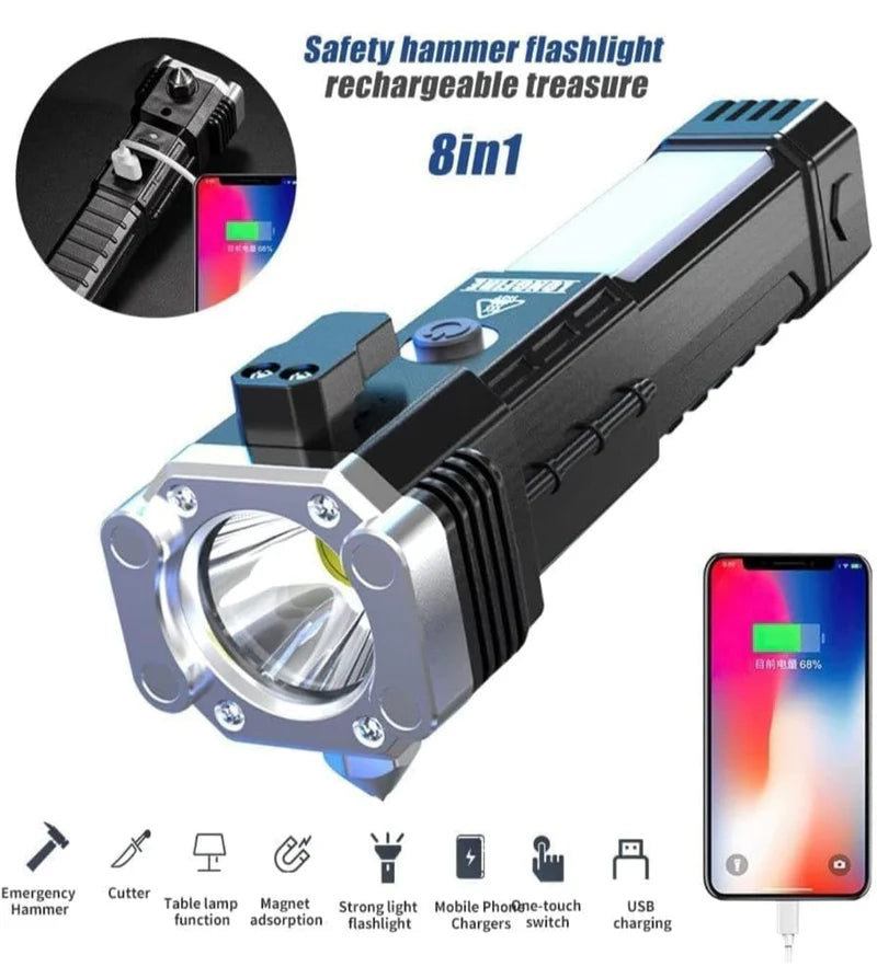 LED Magnetic Emergency Torch Rechargeable with COB Light Window Breaker and Seat Belt Cutter for Camping Car Safety and Outdoor Activities