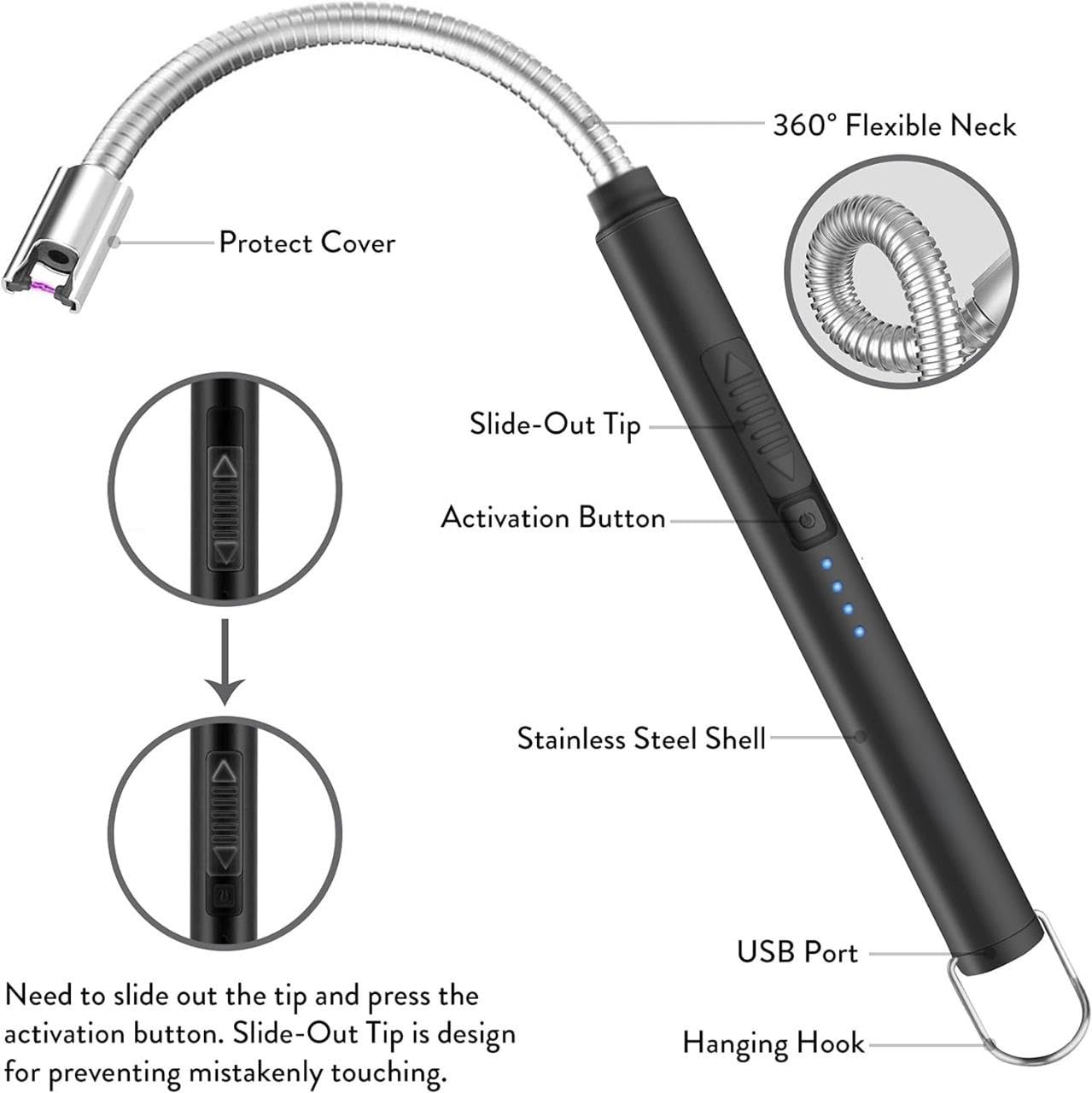 Rechargeable Plasma Gas Lighter Electric Lighter for Kitchen Gas Stove Candle and Pooja Black with C Type USB and One Year Warranty