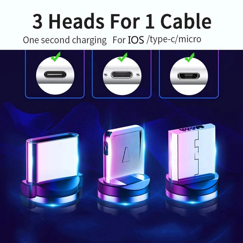 Magnetic Fast Charging Cable 3 in 1 with 360 Degree Swivel Head Status Light and Type C Micro USB Lightning Connectors