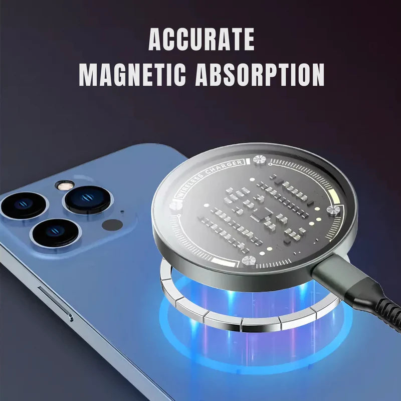 Fast Wireless Charging Pad Super Slim Qi Charger with Powerful Magnets Tempered Glass and Sleek Futuristic Look