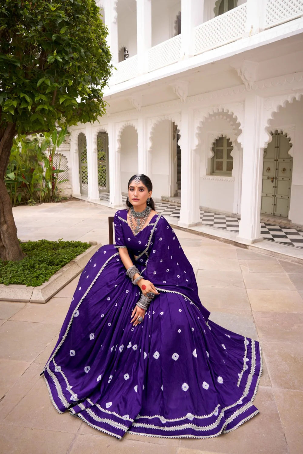 Traditional Indian Bandhej Print Lehenga Choli in Pure Chanderi