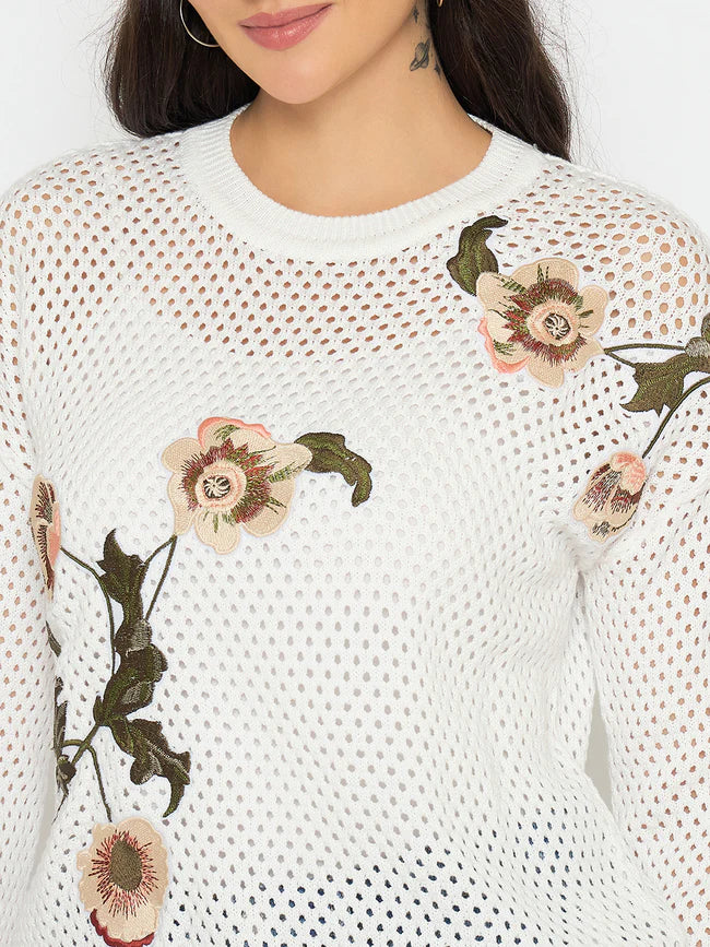 Women’s Semi Sheer Off White Embroidered Knitted Top Trendy Everyday Style