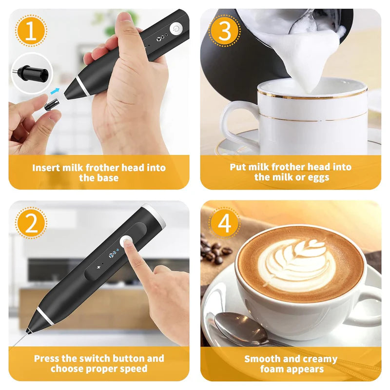 Handheld Milk Frother and Beater Rechargeable Three Speeds Two Attachments Perfect for Coffee Latte Hot Chocolate and Egg Beating