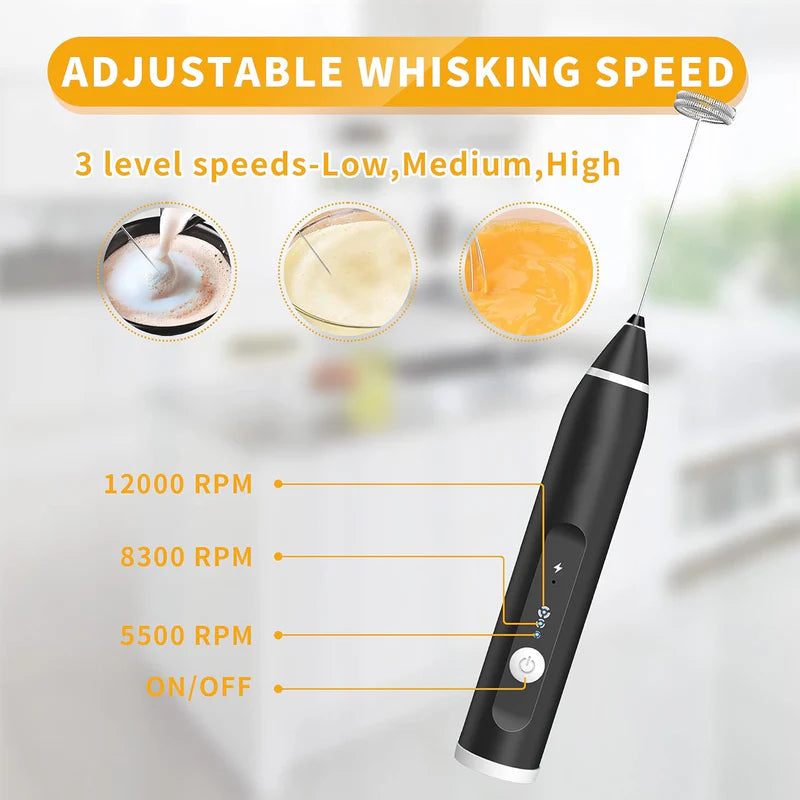 Handheld Milk Frother and Beater Rechargeable Three Speeds Two Attachments Perfect for Coffee Latte Hot Chocolate and Egg Beating