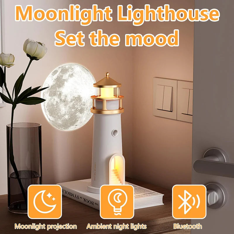 Lighthouse Moonlight Projection Lamp with Dimmable LED Night Light Bluetooth Speaker and Remote Ideal for Bedroom Kids Room and Unique Gift
