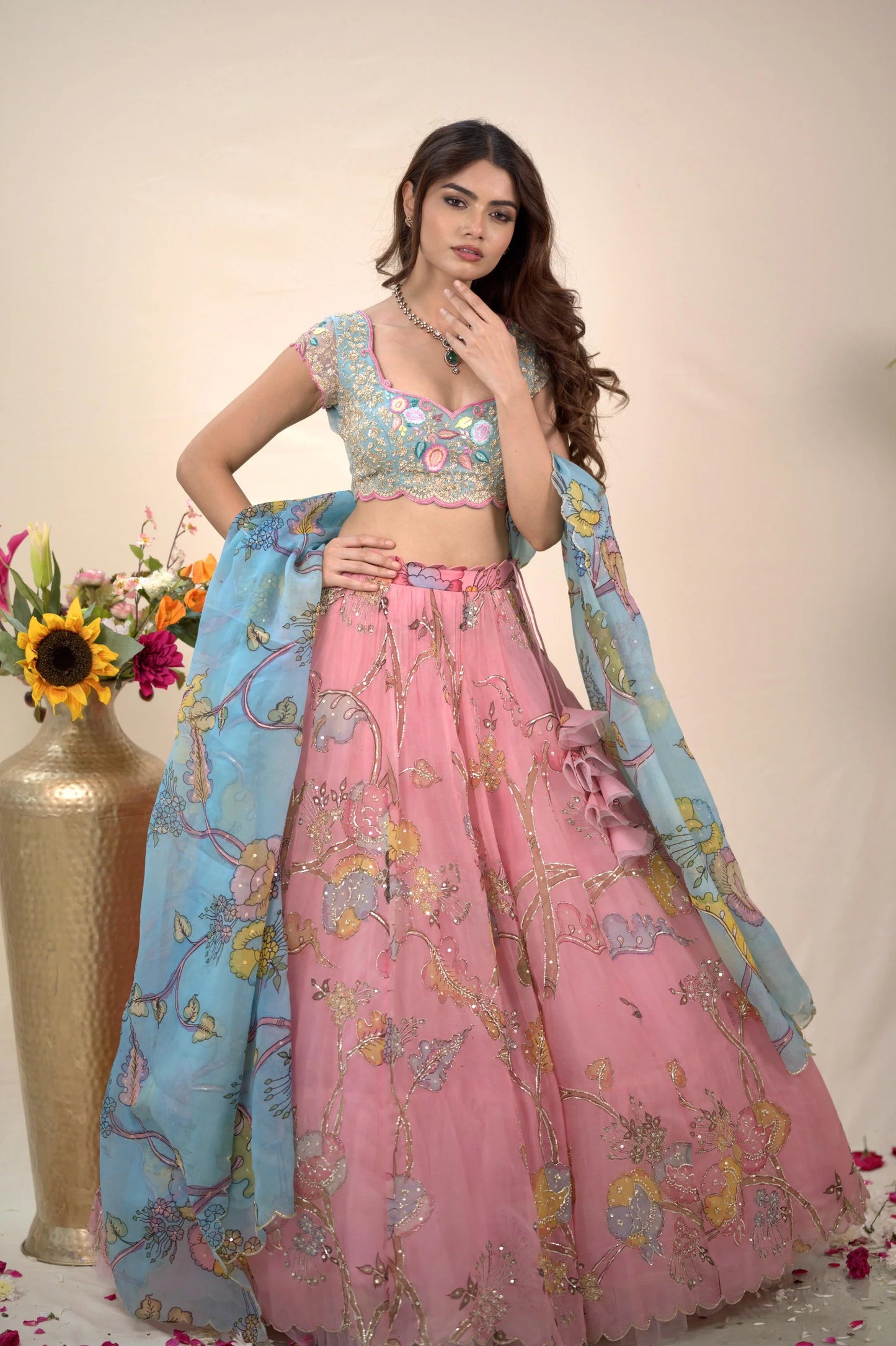 Womens Blue and Pink Organza Silk Lehenga with Handcrafted Pen Kalamkari Work