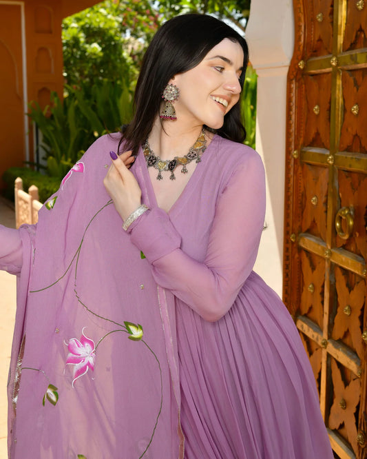 Graceful Handpainted Georgette Ethnic Suit Set for Traditional Gatherings and Special Occasions