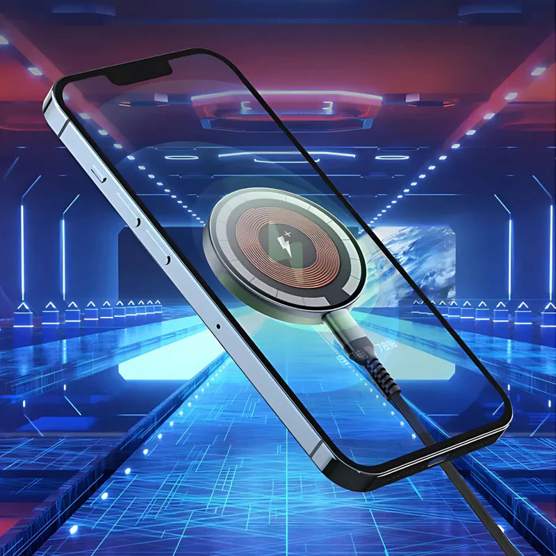 Fast Wireless Charging Pad Super Slim Qi Charger with Powerful Magnets Tempered Glass and Sleek Futuristic Look