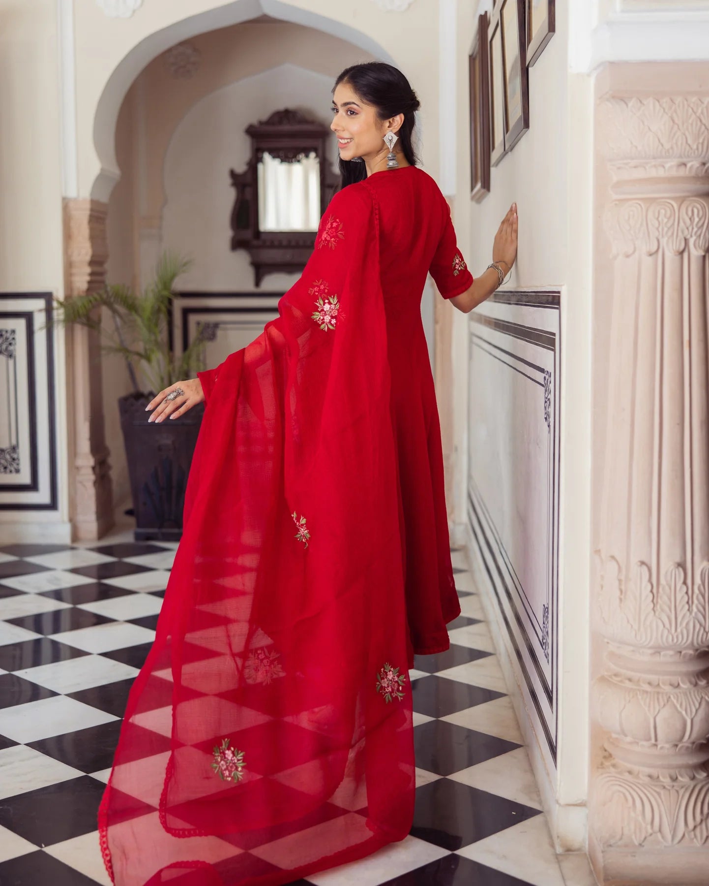Sophisticated Ruby Red Embroidered Doria Suit Set for Women’s Festive and Wedding Wardrobe