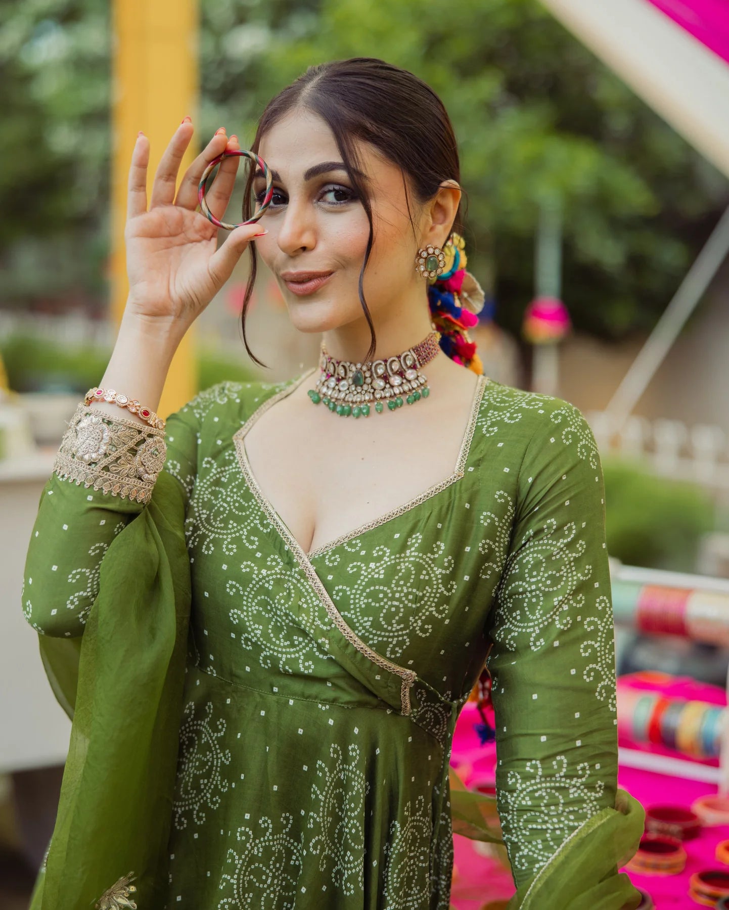 Katha Green Bandhani Chanderi Suit Set with Handcrafted Design for Ethnic Celebrations