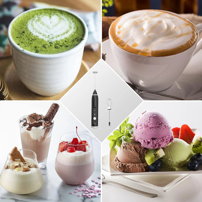 Handheld Milk Frother and Beater Rechargeable Three Speeds Two Attachments Perfect for Coffee Latte Hot Chocolate and Egg Beating