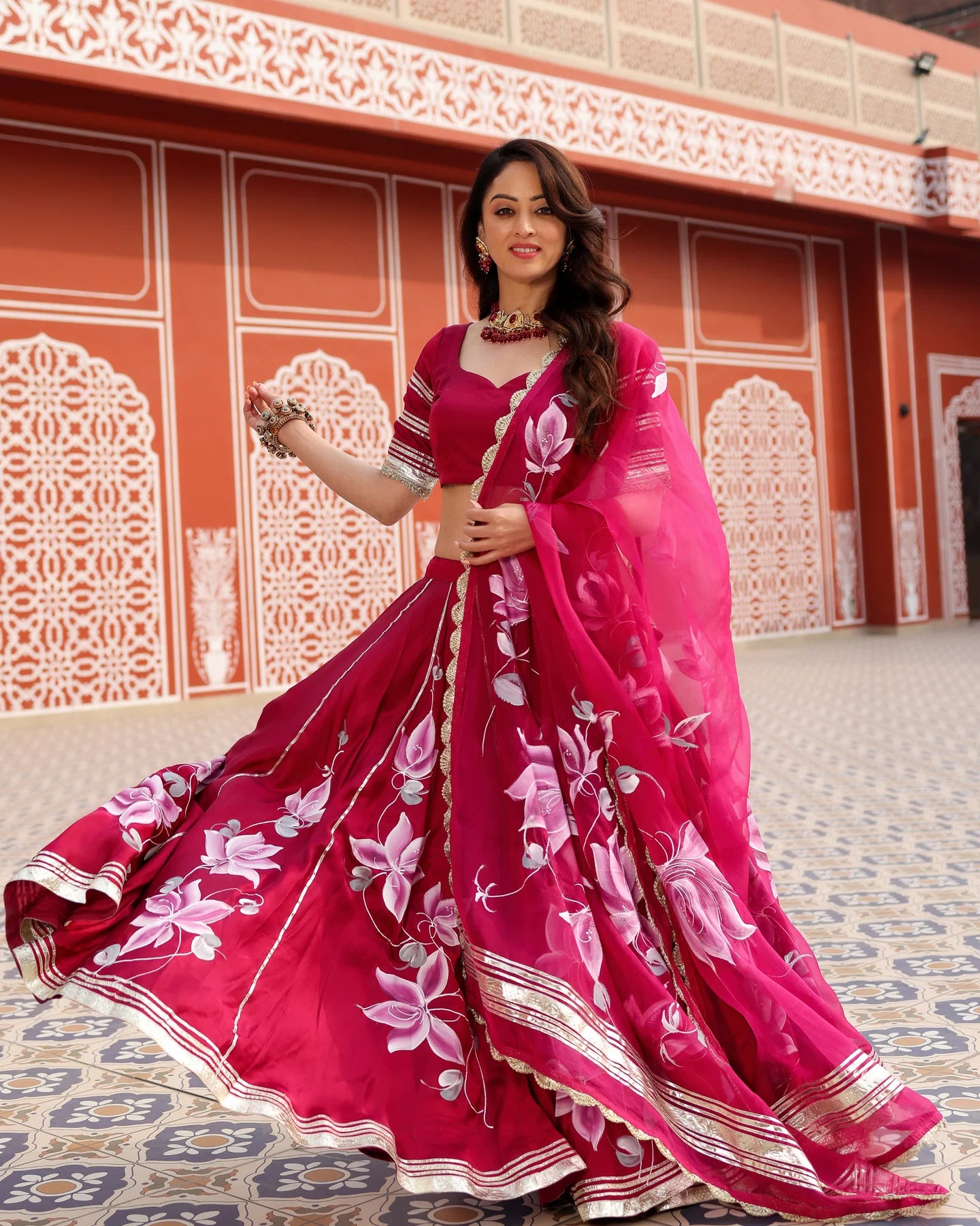 Womens Magenta Pink Handpainted Lehenga Set Stylish Festive and Wedding Outfit