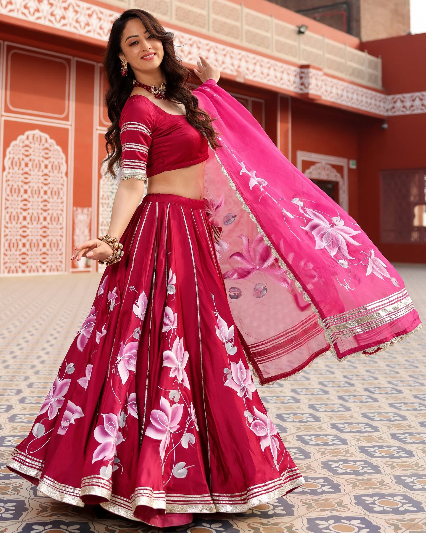 Womens Magenta Pink Handpainted Lehenga Set Stylish Festive and Wedding Outfit
