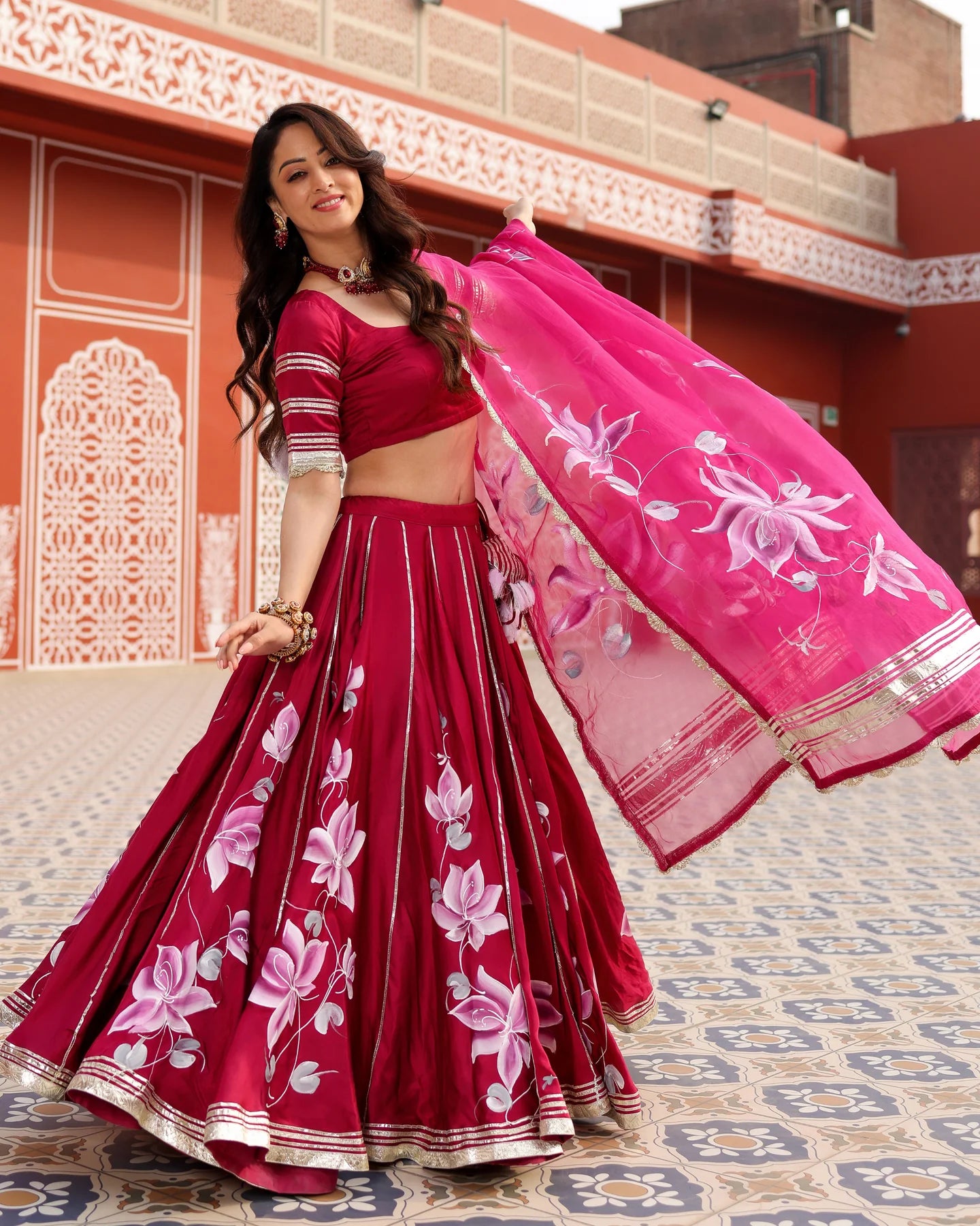 Womens Magenta Pink Handpainted Lehenga Set Stylish Festive and Wedding Outfit
