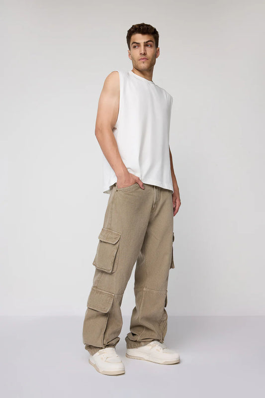 Men's Khaki Utility Cargo Jeans in Baggy Fit for Comfortable Everyday Style