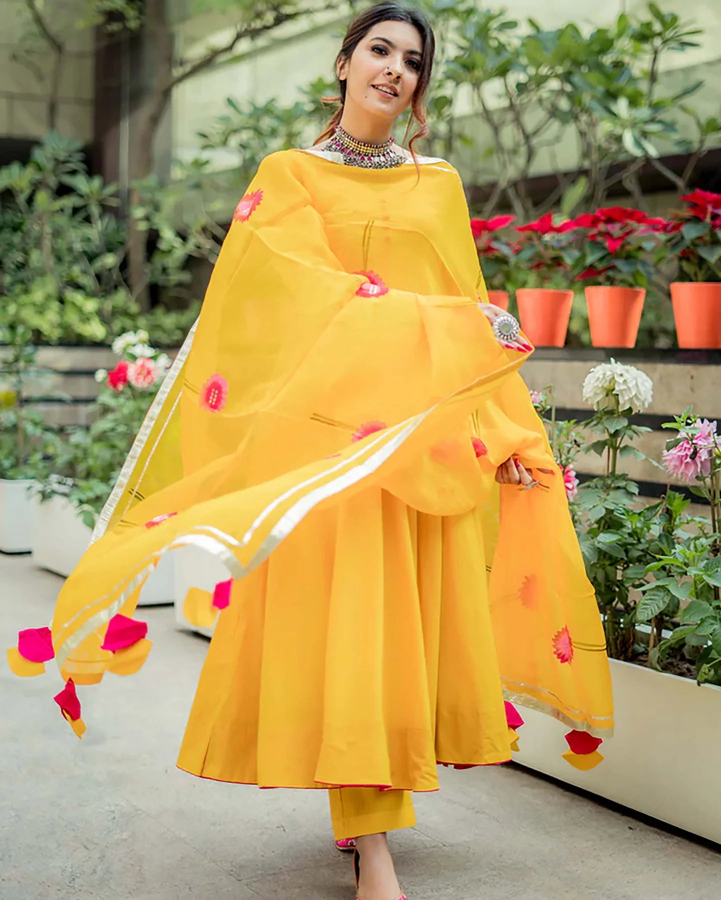 Premium Yellow Organza Suit Set with Delicate Handpainted Artwork for Special Occasions