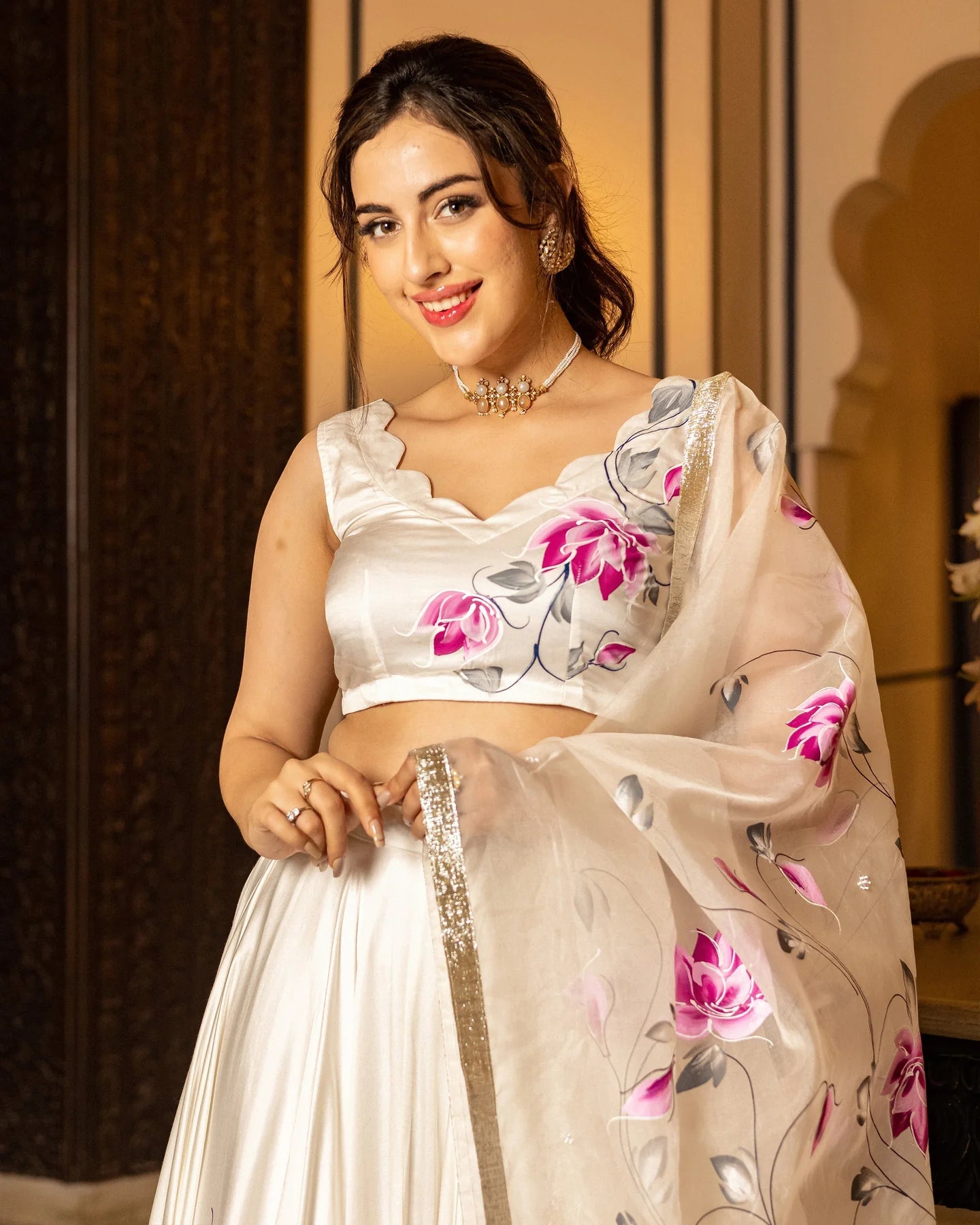 Womens Sefid Handpainted Lehenga Set Beautiful Handcrafted Traditional Attire