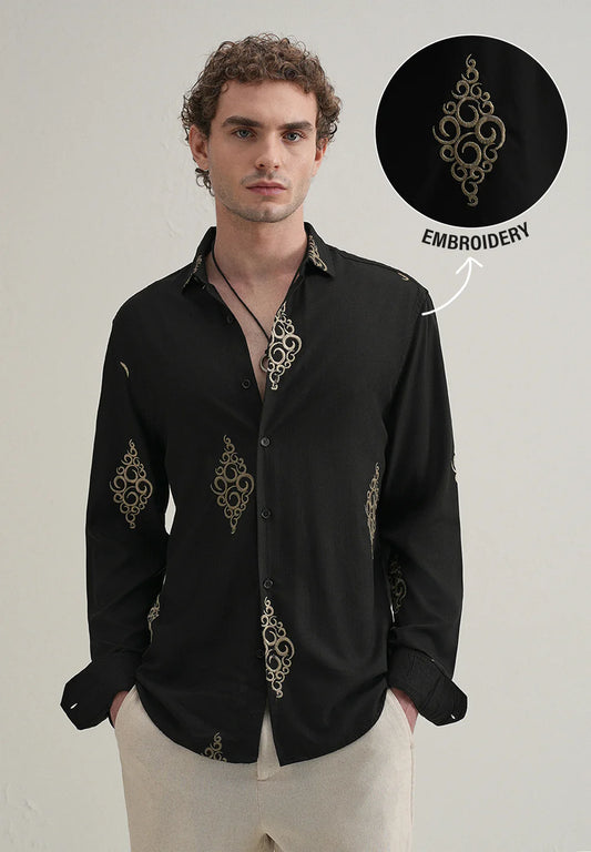 Classic Mens Black Circular Motif Embroidered Shirt Stylish Comfortable Everyday Wear