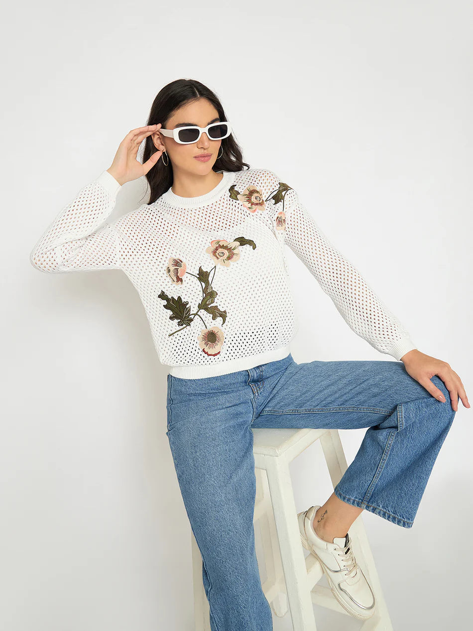 Women’s Semi Sheer Off White Embroidered Knitted Top Trendy Everyday Style