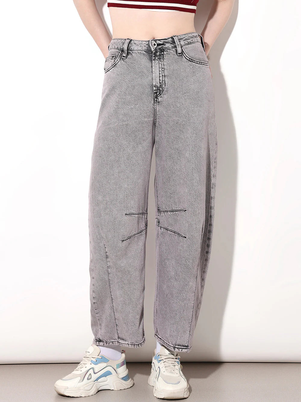 Streetwear Inspired Grey High Rise Slouchy Fit Jeans for Women