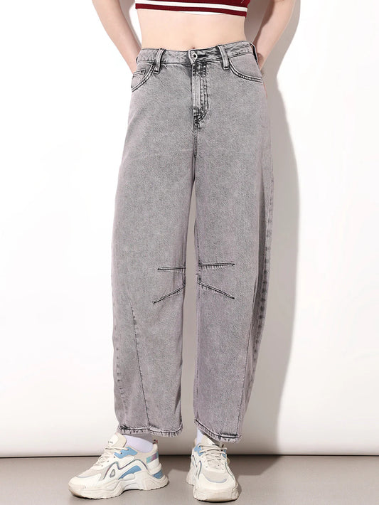 Streetwear Inspired Grey High Rise Slouchy Fit Jeans for Women