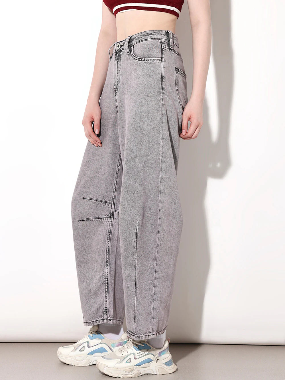 Streetwear Inspired Grey High Rise Slouchy Fit Jeans for Women