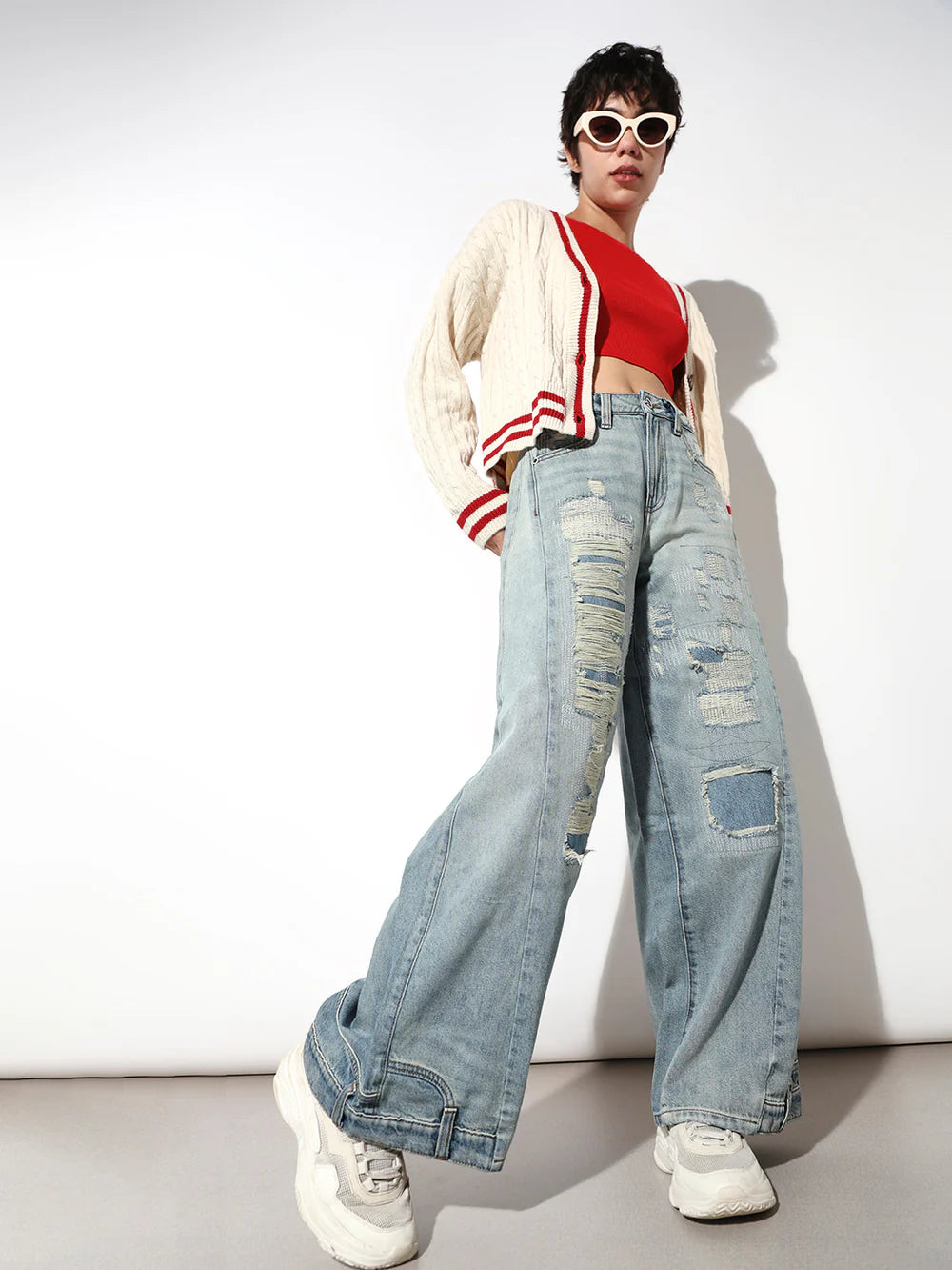 Elegant Blue Wide Leg Jeans with Faded Worn Out Wash for Women