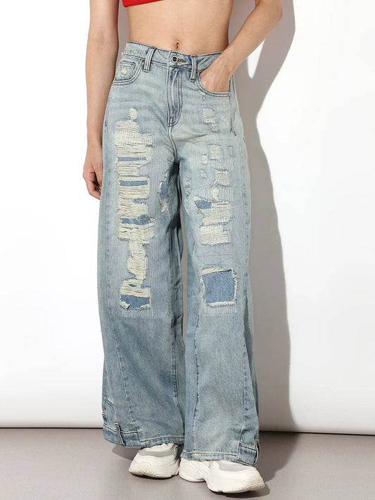 Elegant Blue Wide Leg Jeans with Faded Worn Out Wash for Women