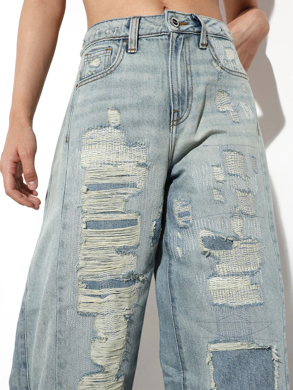Elegant Blue Wide Leg Jeans with Faded Worn Out Wash for Women