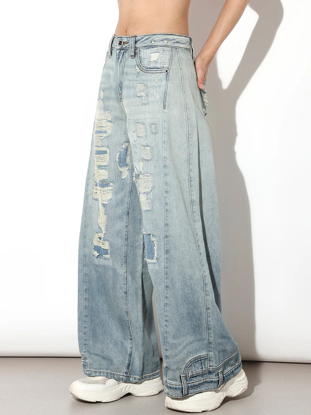Elegant Blue Wide Leg Jeans with Faded Worn Out Wash for Women
