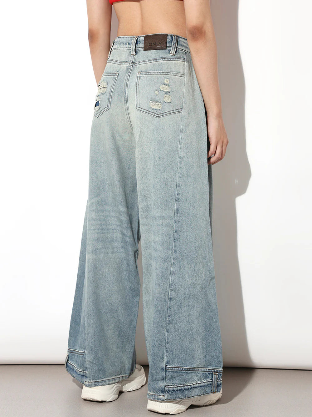 Elegant Blue Wide Leg Jeans with Faded Worn Out Wash for Women